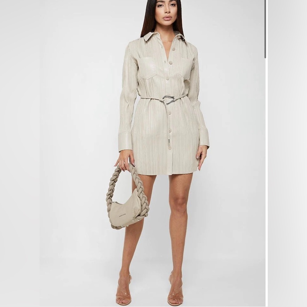 MANIERE DE VOIR VEGAN LEATHER PLEATED SHIRT DRESS - STONE